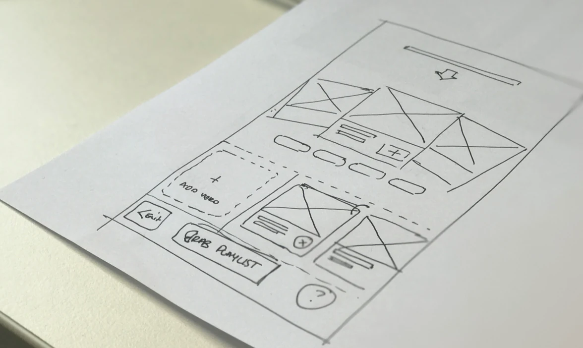 A hand-drawn wireframe of the playlist-builder screen, blocking out the video grid, filters and grab-playlist button.