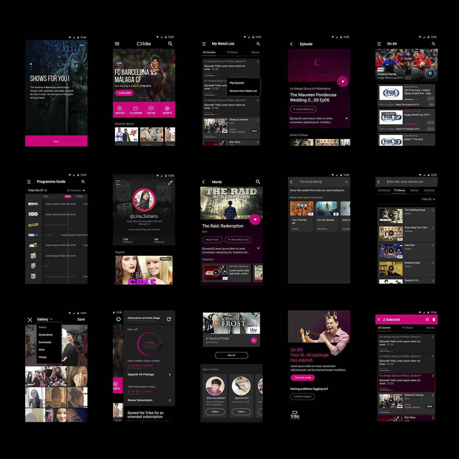 A grid of Tribe app screens covering onboarding, home, watchlist, episode detail, search, and account.