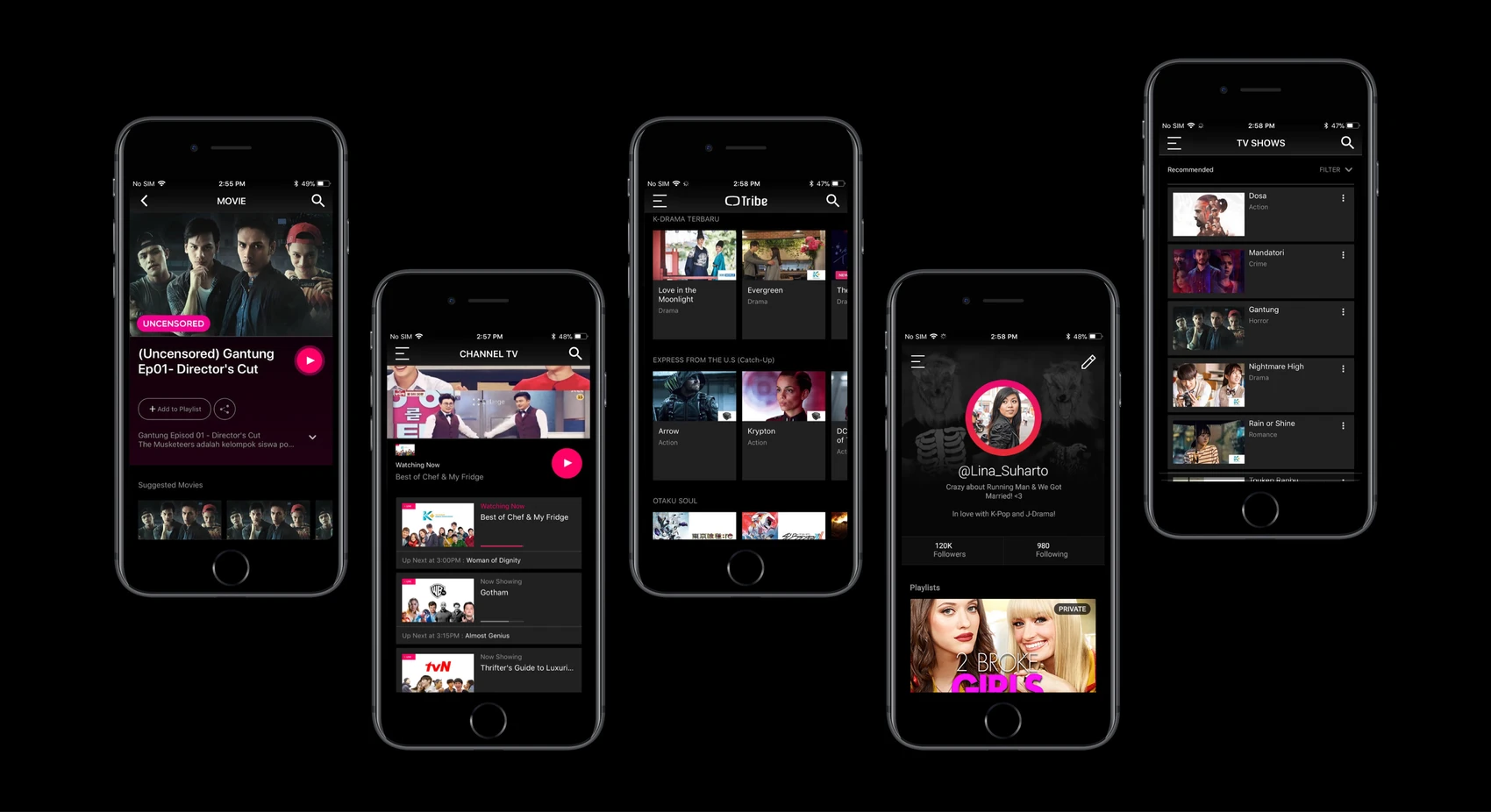 Five iPhone screens from the shipped app: a movie detail page, live Channel TV, the Tribe home feed, a user profile with playlists, and the TV Shows browse view.