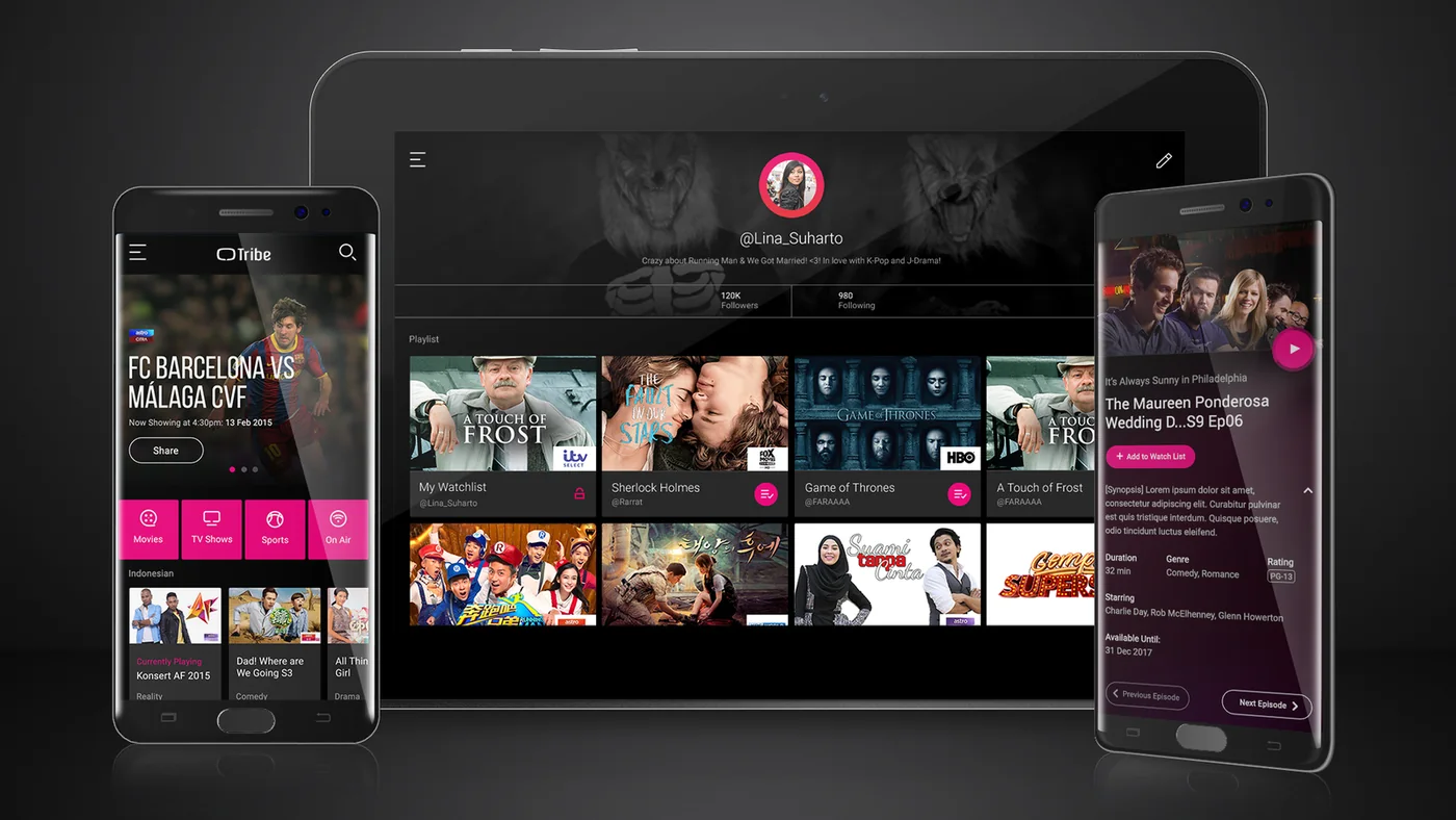 Tribe, a new way to watch movies, TV shows and live sport, from Astro. Shown on phone and tablet.
