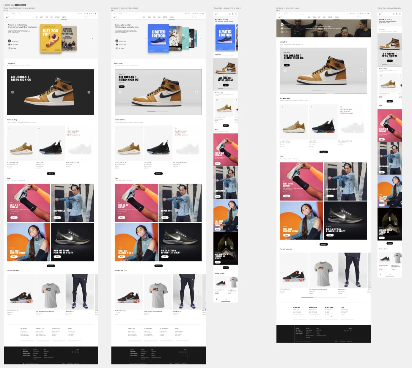 Member shop and product detail pages shown across responsive breakpoints.